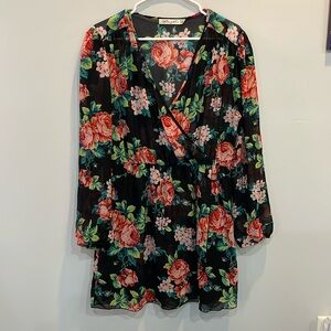 ⭐️ Liberty Love Floral Black Faux Wrap Dress Sheer Sleeves Elastic Waist Size L